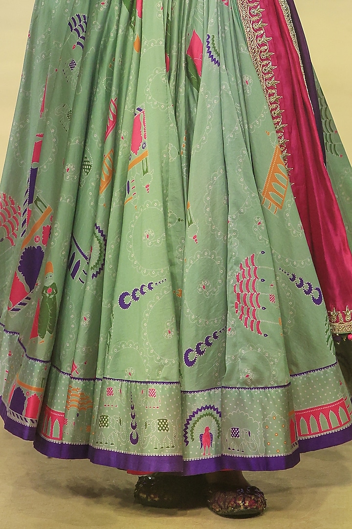 Sage Green Chanderi Silk Bandhani Printed Skirt Set by Punit Balana at Pernia's Pop Up Shop