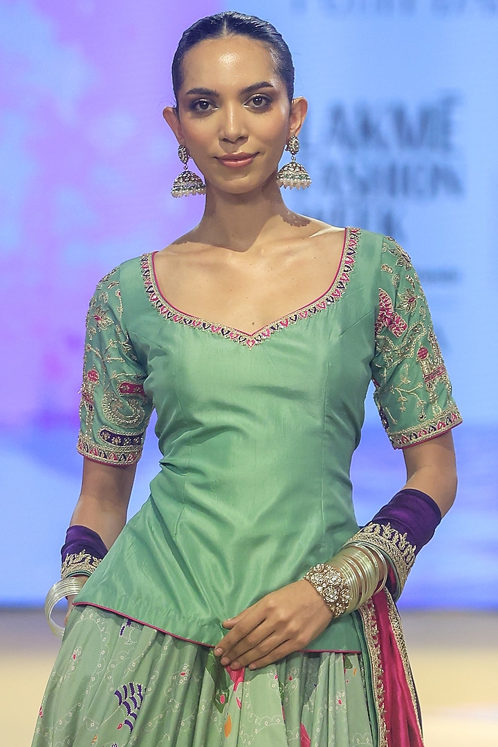 Sage Green Chanderi Silk Bandhani Printed Skirt Set by Punit Balana at Pernia's Pop Up Shop