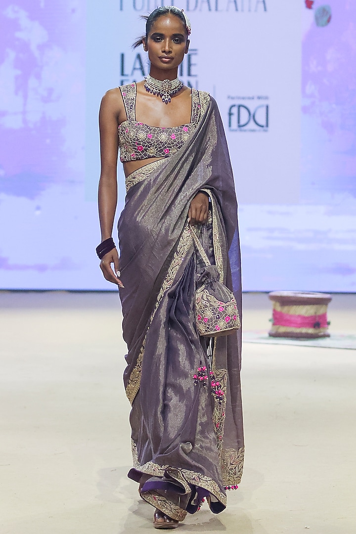 Baigani Metallic Tissue Marodi Work Saree Set by Punit Balana at Pernia's Pop Up Shop