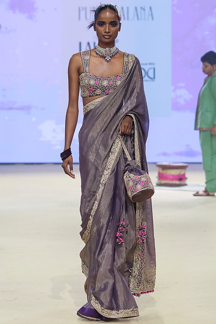 Baigani Metallic Tissue Marodi Work Reception Saree Set by Punit Balana at Pernia's Pop Up Shop