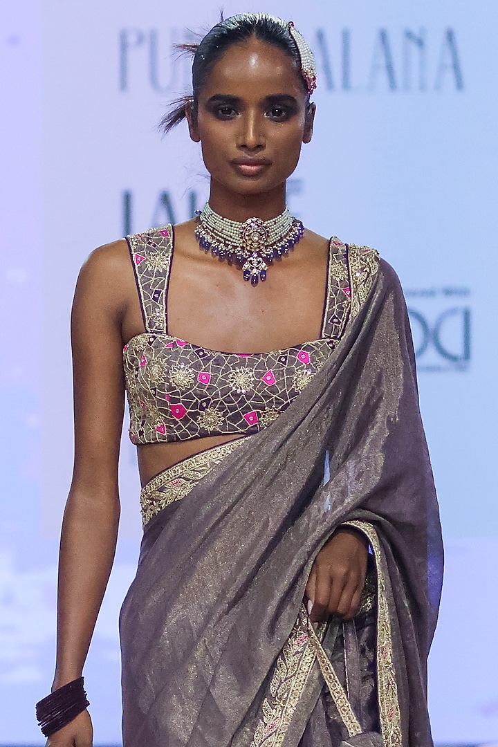 Baigani Metallic Tissue Marodi Work Reception Saree Set by Punit Balana at Pernia's Pop Up Shop
