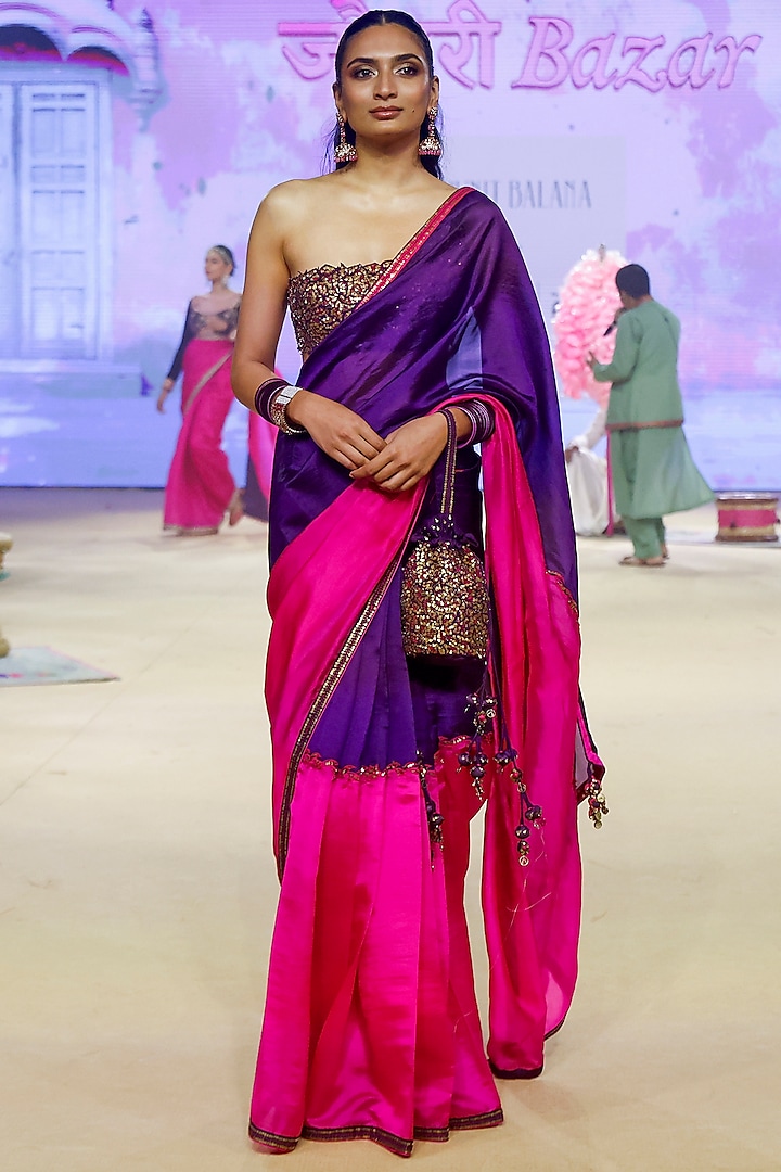 Baigani & Gulabi Gulal Organza Silk Saree Set by Punit Balana at Pernia's Pop Up Shop