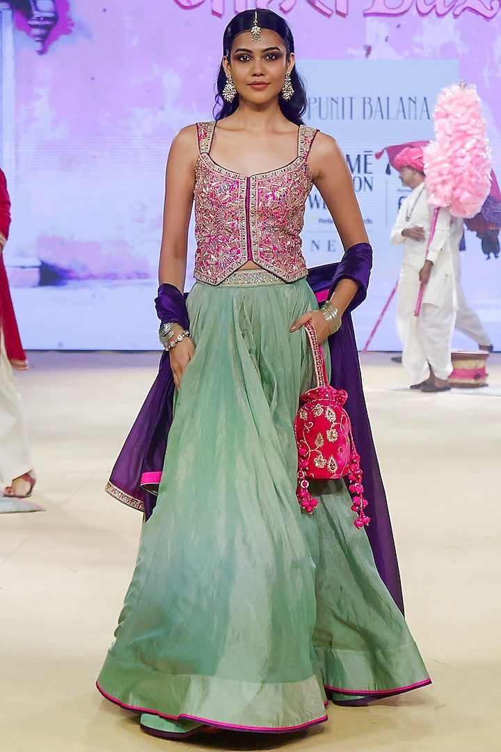 Sage Green Metallic Tissue Marodi Work Wedding Lehenga Set by Punit Balana at Pernia's Pop Up Shop