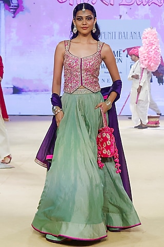 Sage Green Metallic Tissue Marodi Work Lehenga Set by Punit Balana