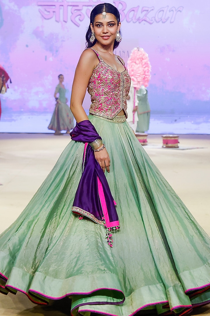 Sage Green Metallic Tissue Marodi Work Wedding Lehenga Set by Punit Balana at Pernia's Pop Up Shop