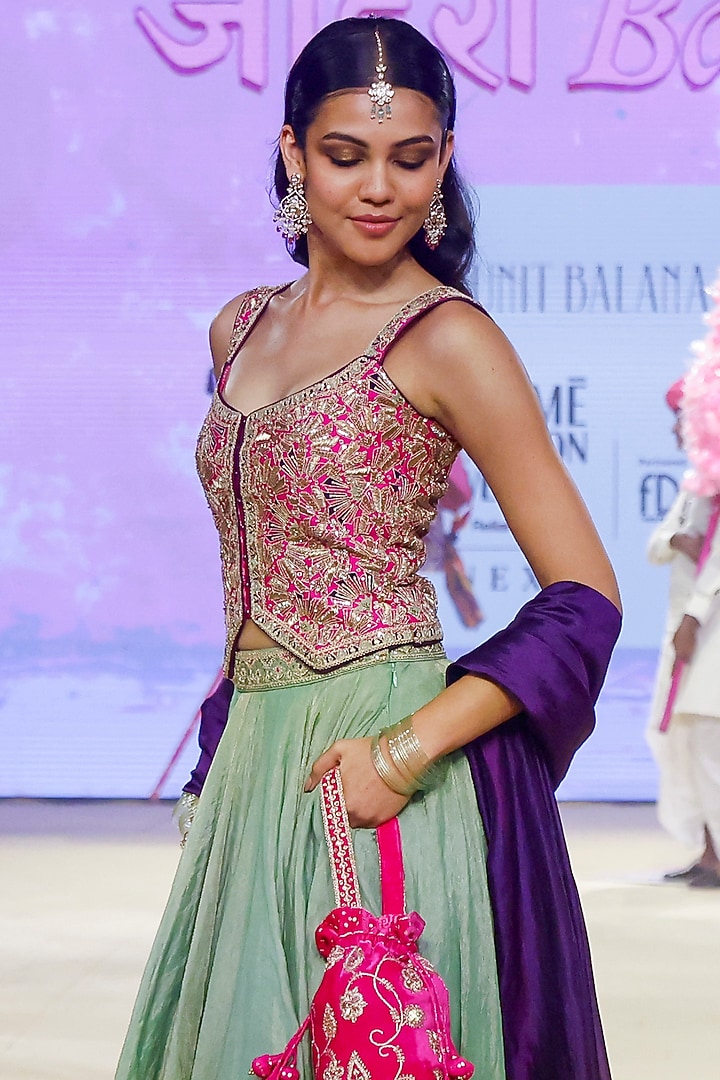 Sage Green Metallic Tissue Marodi Work Wedding Lehenga Set by Punit Balana at Pernia's Pop Up Shop