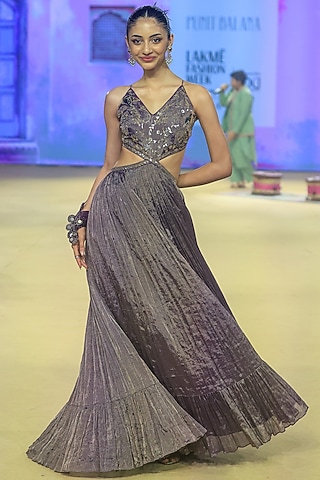 Baigani Metallic Tissue Foil Handwork Maxi Dress by Punit Balana