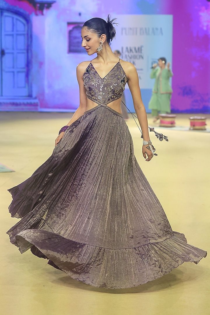 Baigani Metallic Tissue Foil Handwork Maxi Cocktail Dress by Punit Balana at Pernia's Pop Up Shop