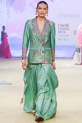Sage Green Silk Pre-Draped Saree Set by Punit Balana