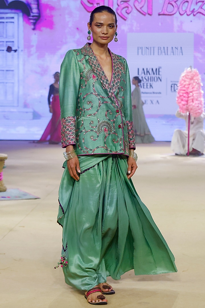 Sage Green Silk Pre-Draped Wedding Saree Set by Punit Balana at Pernia's Pop Up Shop