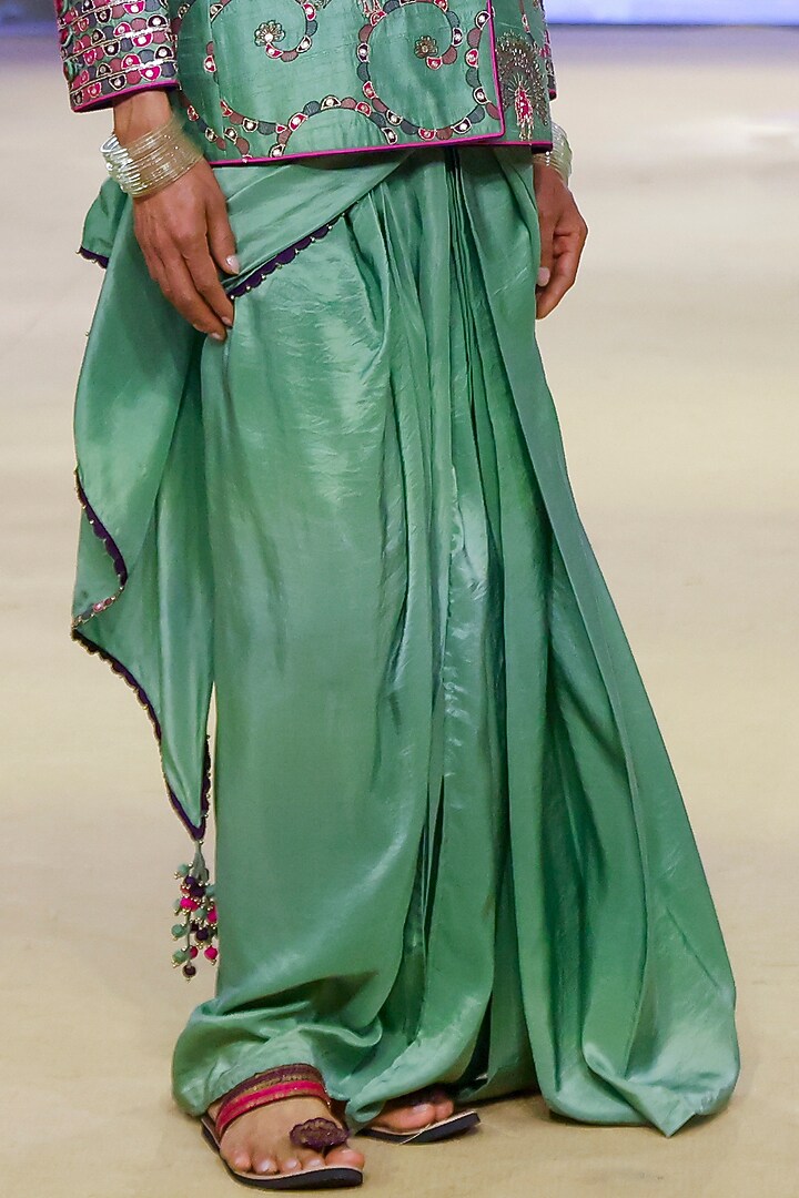 Sage Green Silk Pre-Draped Wedding Saree Set by Punit Balana at Pernia's Pop Up Shop