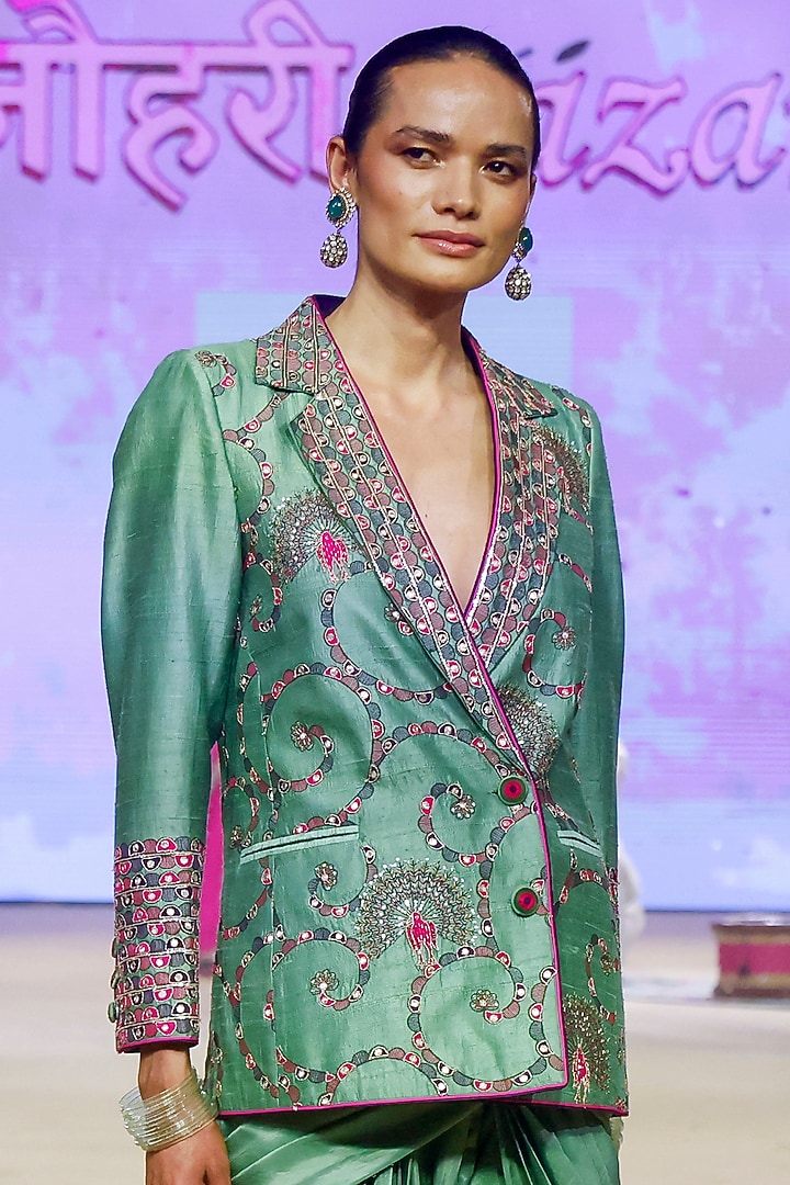 Sage Green Silk Pre-Draped Wedding Saree Set by Punit Balana at Pernia's Pop Up Shop