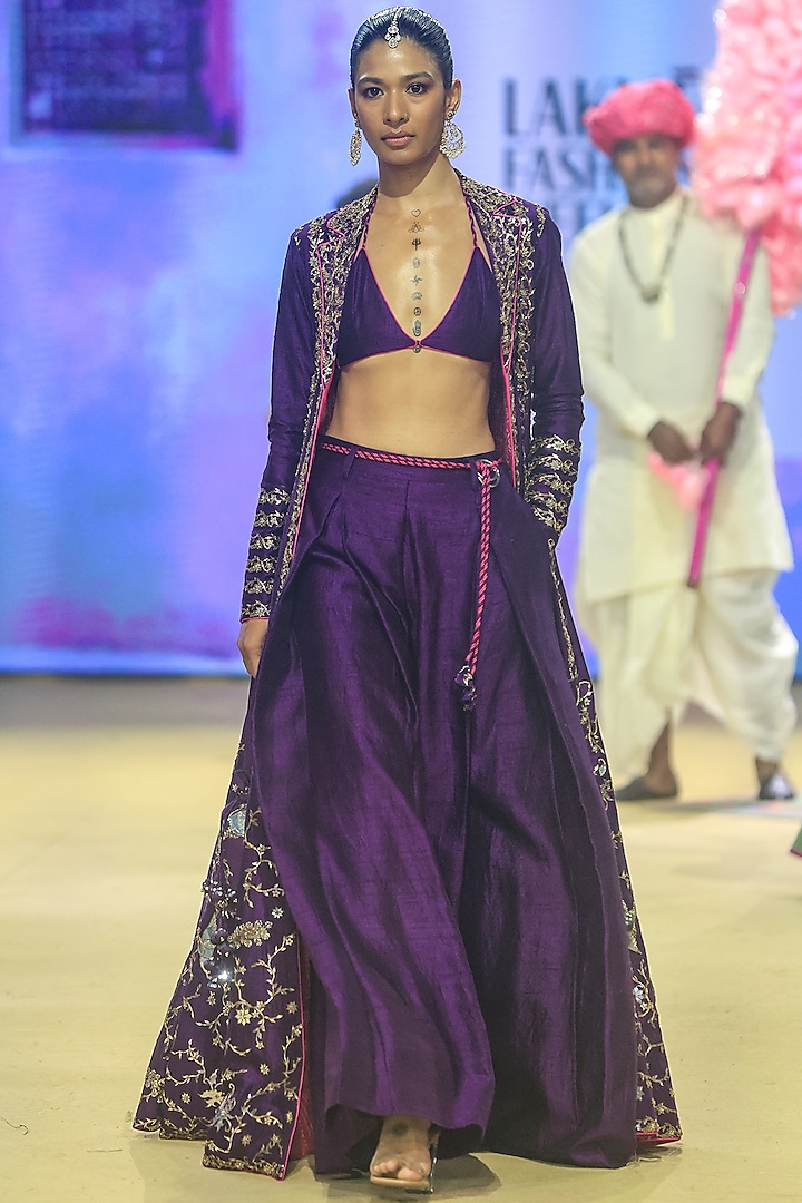 Purple Raw Silk Foil Handwork Jacket Set by Punit Balana