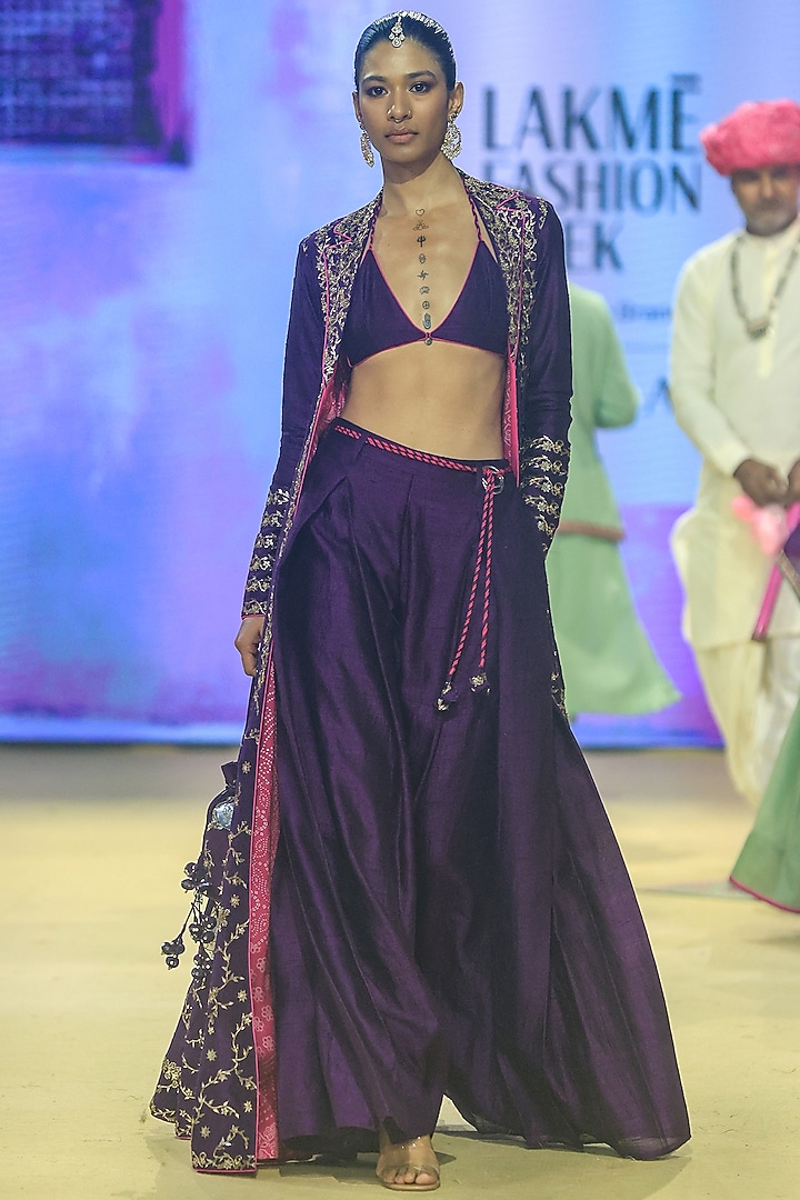 Purple Raw Silk Foil Handwork Jacket Set by Punit Balana at Pernia's Pop Up Shop