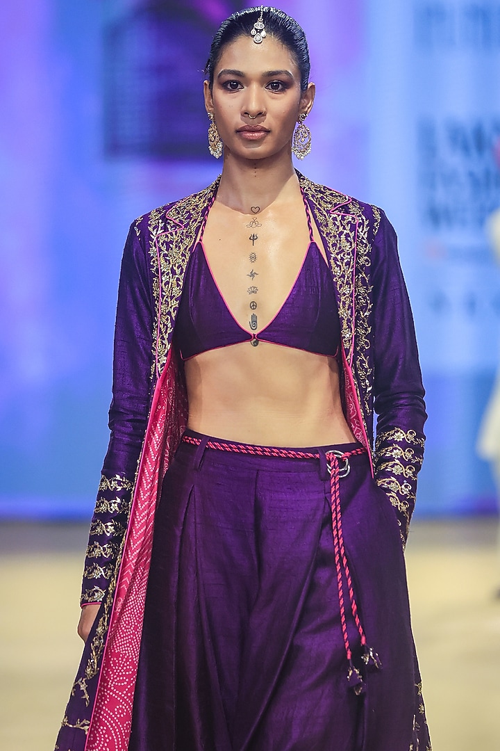 Purple Raw Silk Foil Handwork Jacket Set by Punit Balana at Pernia's Pop Up Shop