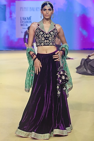 Purple Velvet Lehenga Set by Punit Balana