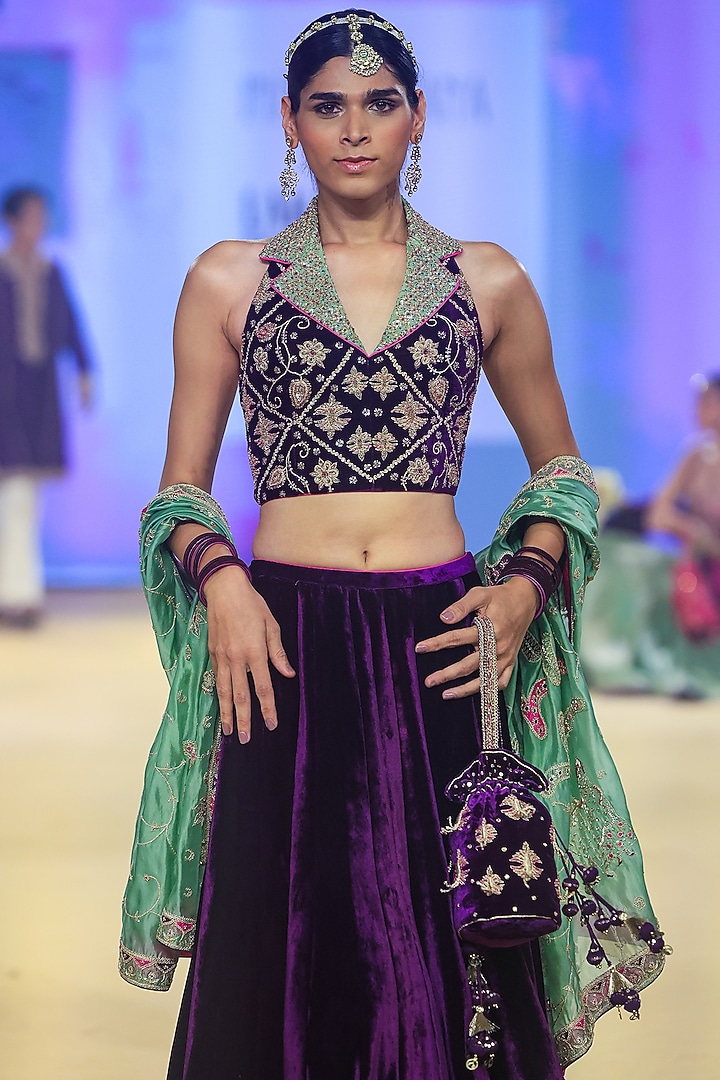 Purple Velvet Bridal Lehenga Set by Punit Balana at Pernia's Pop Up Shop