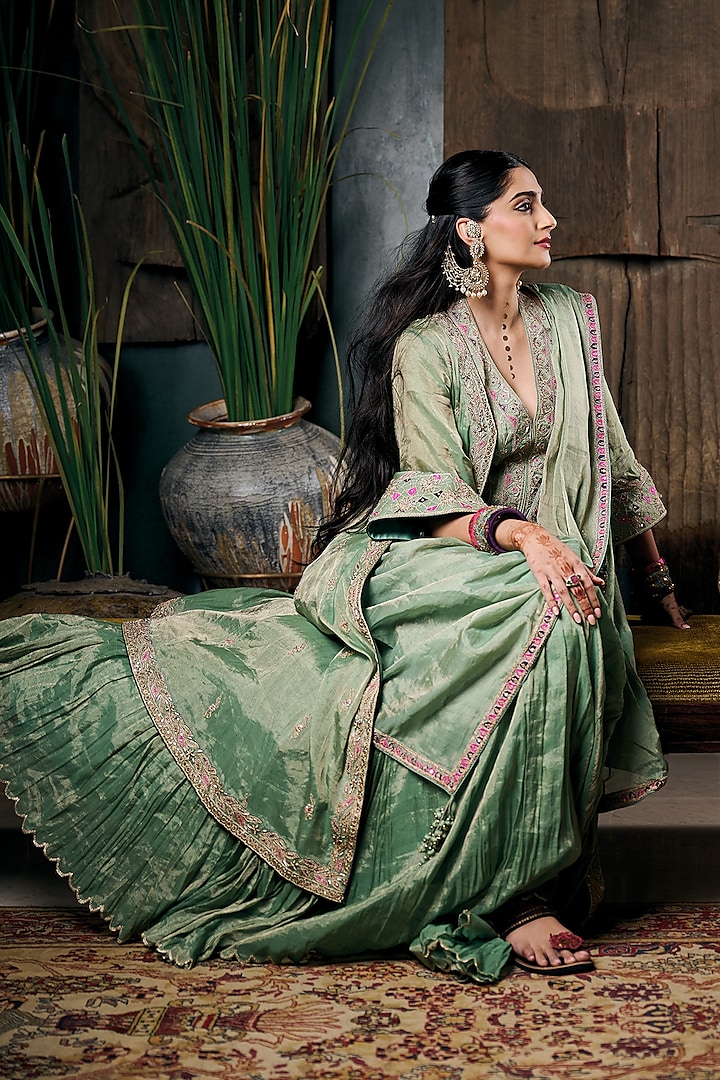 Sage Green Metallic Tissue Applique Work Cape Set by Punit Balana