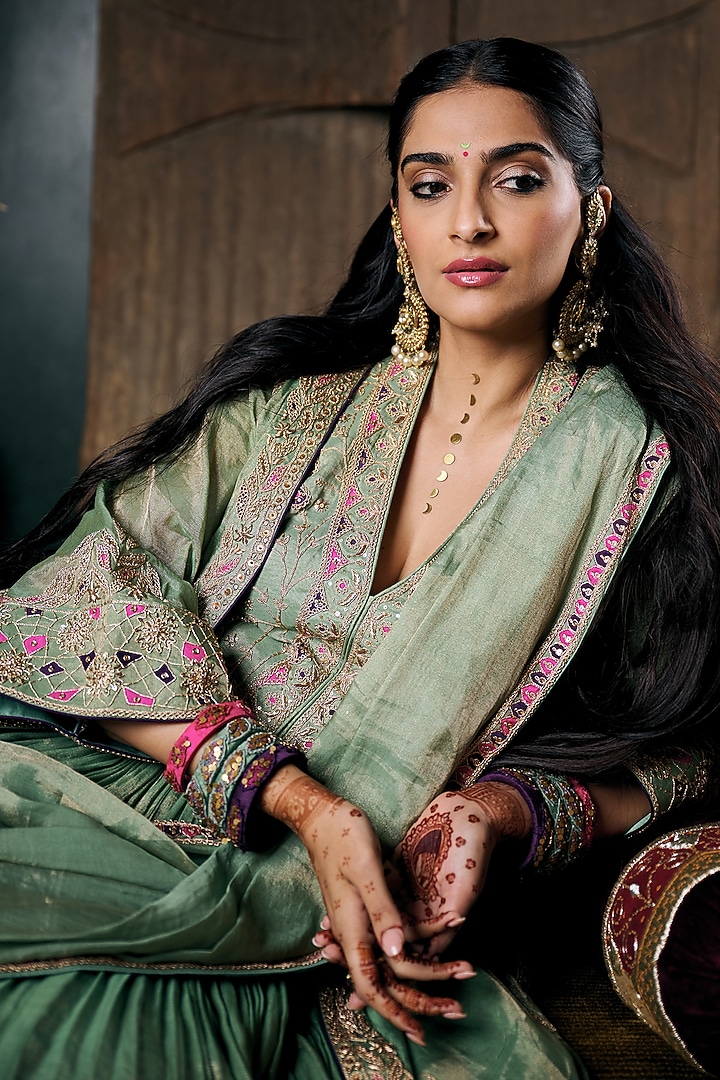 Sage Green Metallic Tissue Applique Work Cape Set by Punit Balana at Pernia's Pop Up Shop