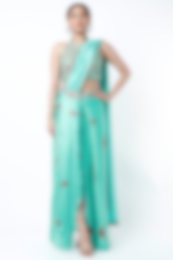 Turquoise Draped Skirt Saree Set by Punit Balana