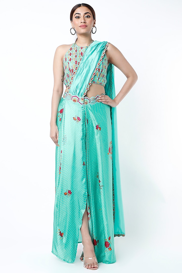 Turquoise Draped Skirt Saree Set by Punit Balana