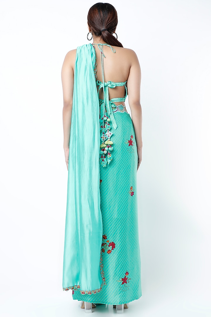 Turquoise Satin Silk Printed Draped Skirt Wedding Saree Set by Punit Balana at Pernia's Pop Up Shop