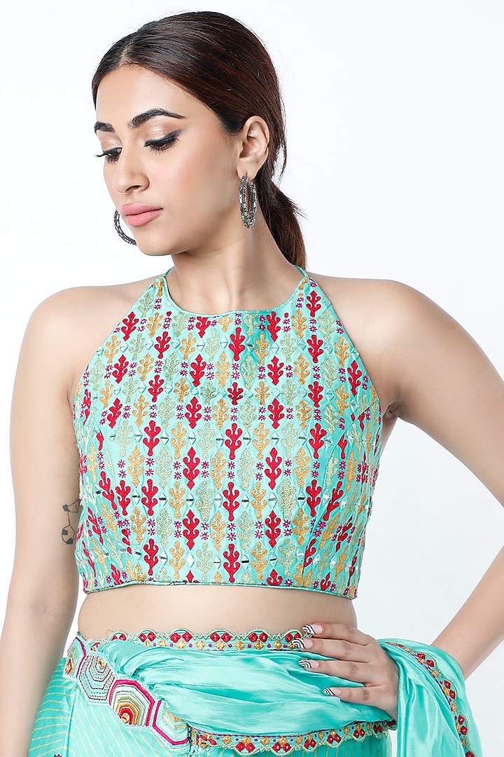 Turquoise Satin Silk Printed Draped Skirt Wedding Saree Set by Punit Balana at Pernia's Pop Up Shop