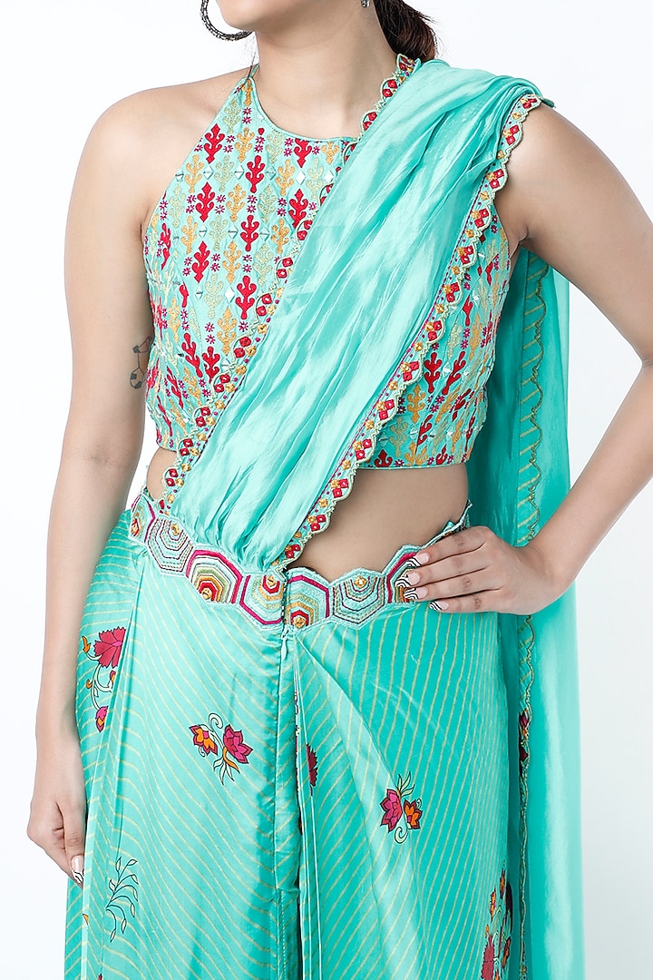 Turquoise Satin Silk Printed Draped Skirt Wedding Saree Set by Punit Balana at Pernia's Pop Up Shop
