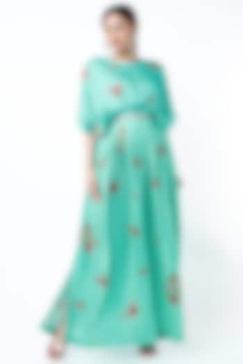 Turquoise Printed Maxi Dress by Punit Balana
