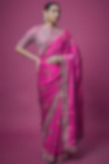 Rani Pink Embroidered Saree Set by Punit Balana