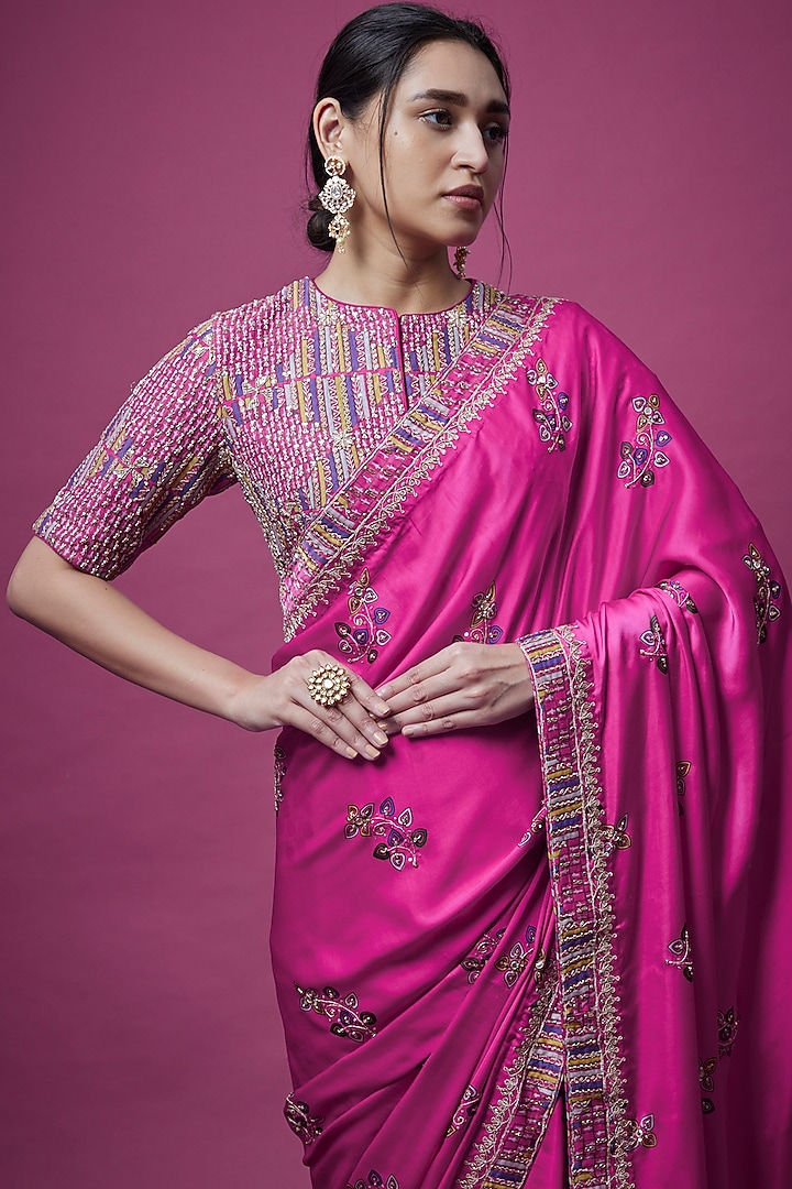 Rani Pink Embroidered Wedding Saree Set by Punit Balana at Pernia's Pop Up Shop
