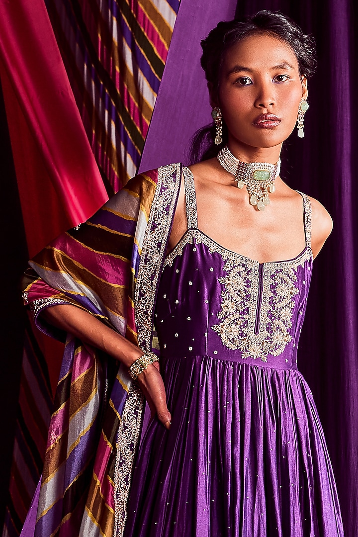 Purple Embroidered Wedding Anarkali Set by Punit Balana at Pernia's Pop Up Shop