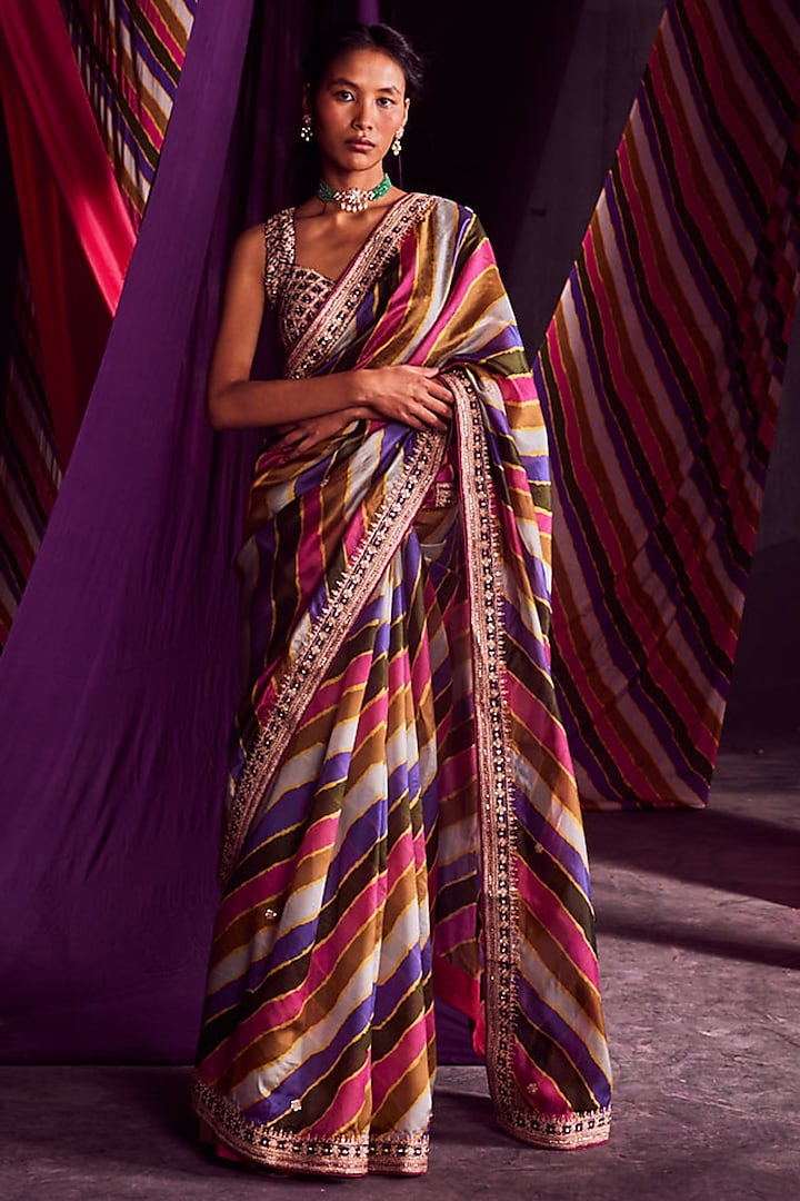 Multi-Colored Organza Silk Saree Set by Punit Balana