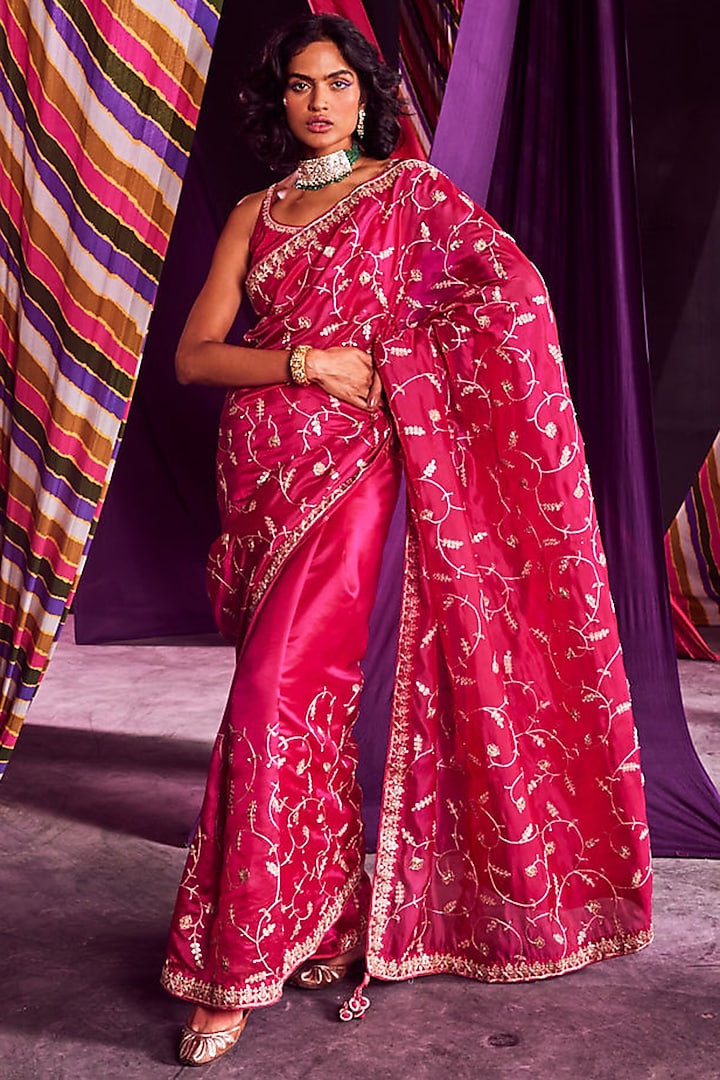 Rani Pink Organza Silk Saree Set by Punit Balana
