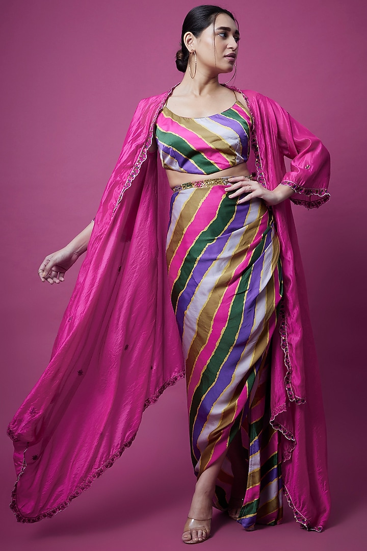 Multi-Colored Satin Silk Skirt Set by Punit Balana
