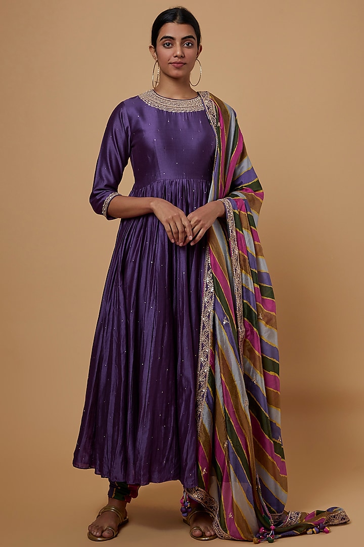 Purple Chanderi Silk Anarkali Set by Punit Balana