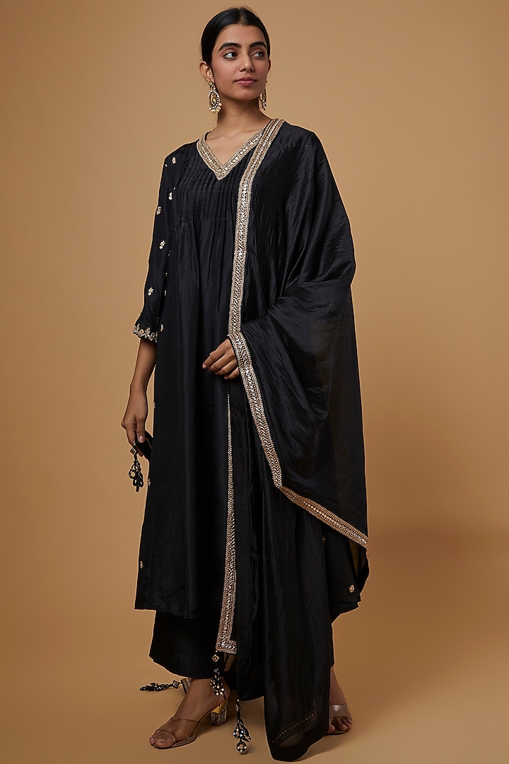 Black Chanderi Silk Anarkali Set by Punit Balana