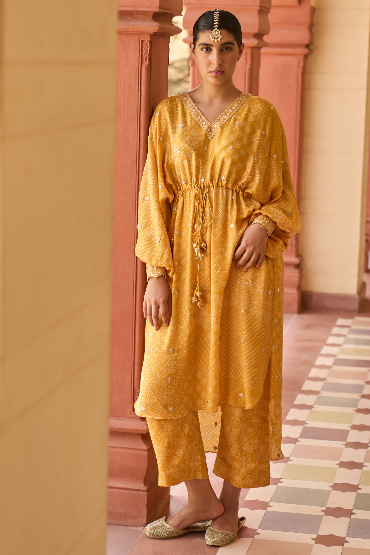 Mustard Satin Silk Bandhani Printed Kaftan Tunic Set by Punit Balana at Pernia's Pop Up Shop