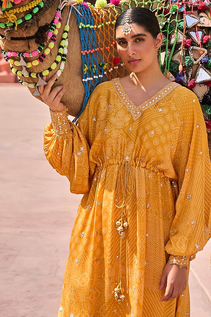 Mustard Satin Silk Bandhani Printed Kaftan Tunic Set by Punit Balana at Pernia's Pop Up Shop