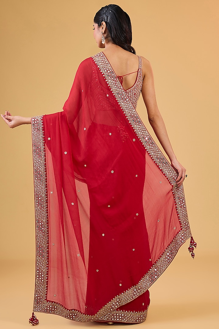 Red Chanderi Silk & Organza Silk Mirror Embroidered Wedding Saree Set by Punit Balana at Pernia's Pop Up Shop