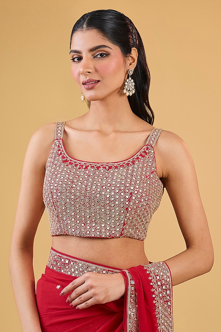 Red Chanderi Silk & Organza Silk Mirror Embroidered Wedding Saree Set by Punit Balana at Pernia's Pop Up Shop