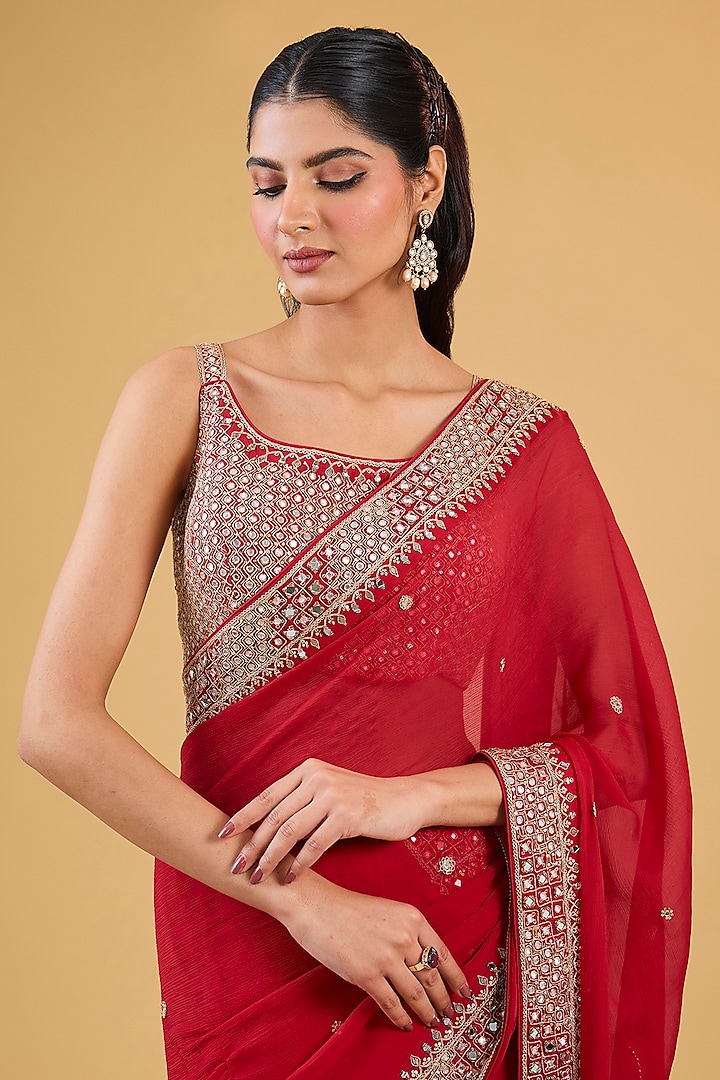 Red Chanderi Silk & Organza Silk Mirror Embroidered Wedding Saree Set by Punit Balana at Pernia's Pop Up Shop
