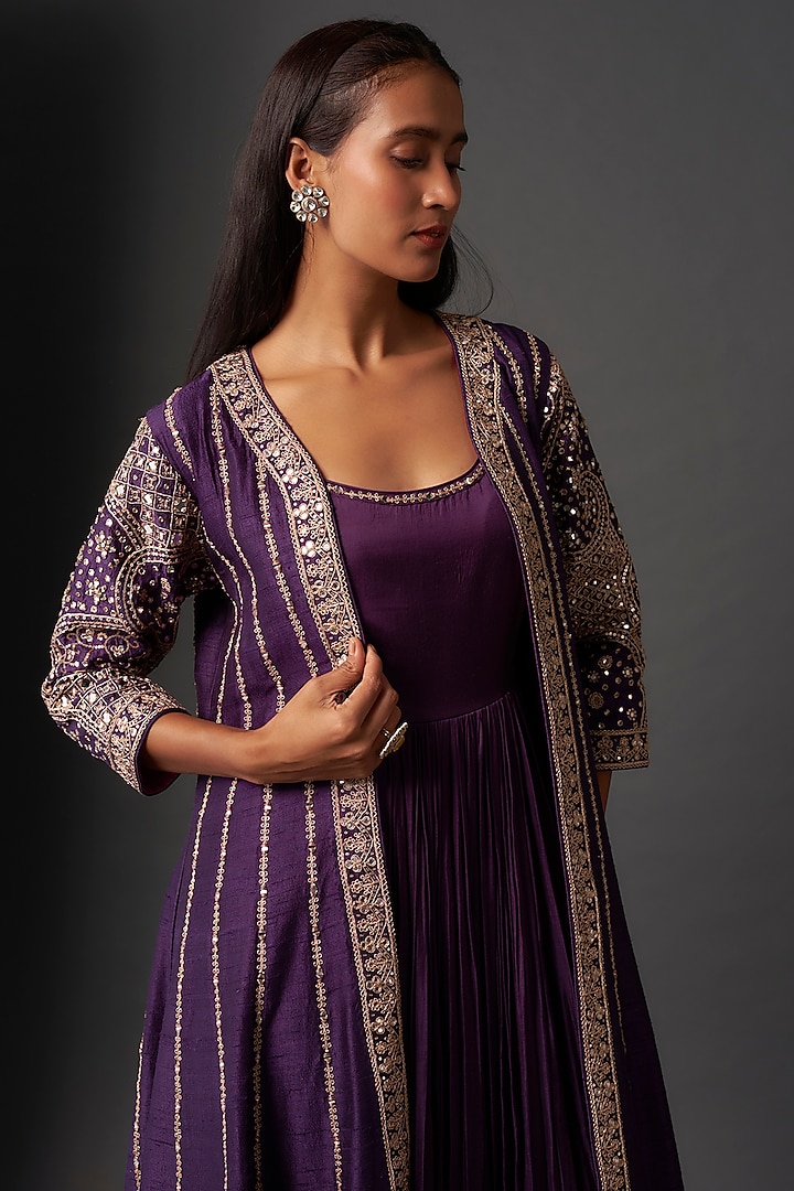 Purple Satin Silk Mirror Work Jacket Set by Punit Balana at Pernia's Pop Up Shop