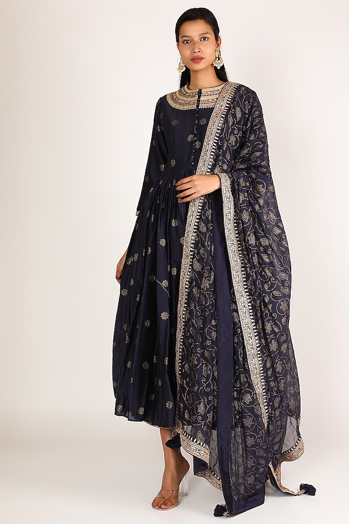 Cobalt Blue Marodi Work Anarkali Set by Punit Balana