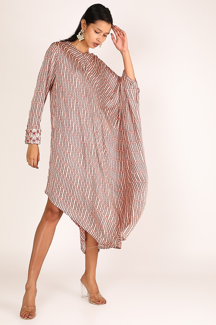 Peach Satin Silk Printed One-Sleeve Dress by Punit Balana at Pernia's Pop Up Shop