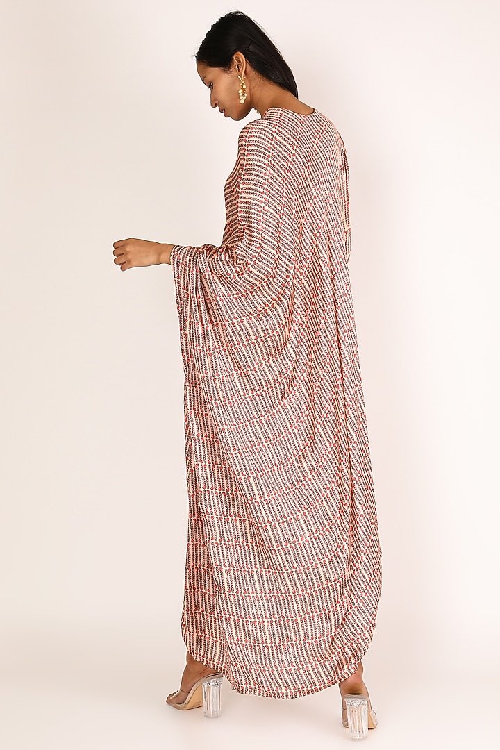 Peach Satin Silk Printed One-Sleeve Summer Dress by Punit Balana at Pernia's Pop Up Shop