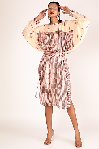 Peach Satin Silk Printed Dress by Punit Balana