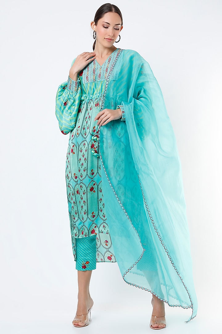 Turquoise Satin Silk Kurta Set by Punit Balana