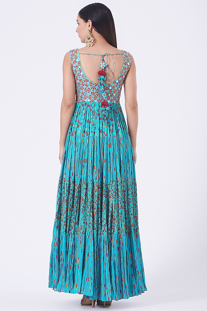 Caribbean Blue Printed & Embroidered Tiered Cocktail Dress by Punit Balana at Pernia's Pop Up Shop