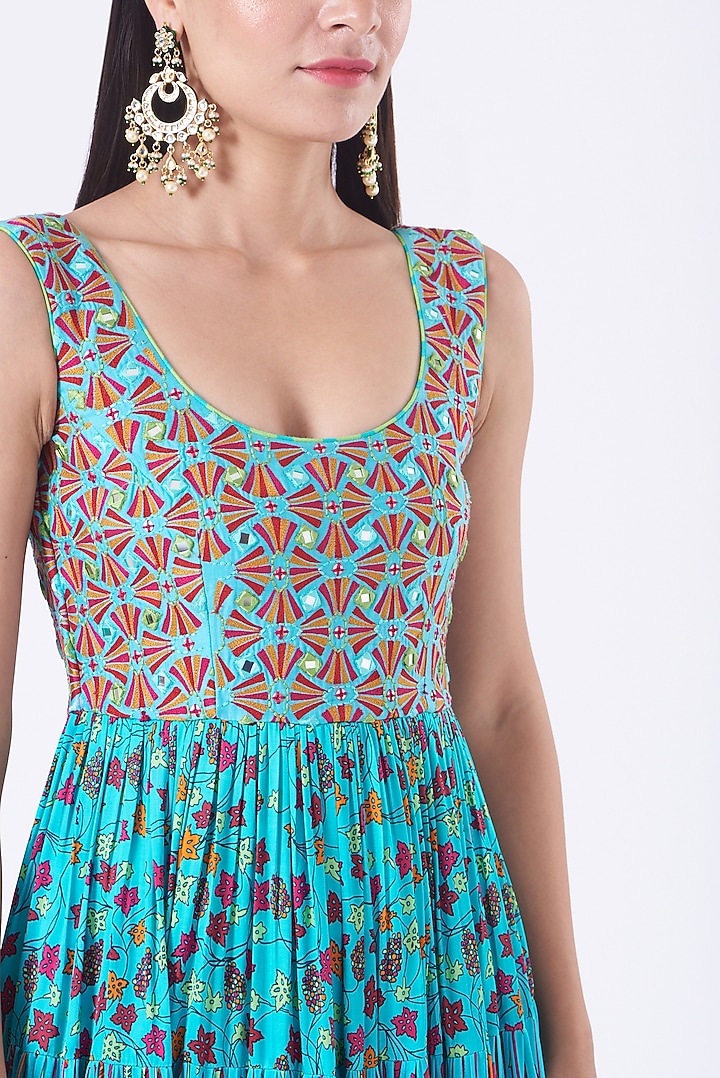 Caribbean Blue Printed & Embroidered Tiered Cocktail Dress by Punit Balana at Pernia's Pop Up Shop